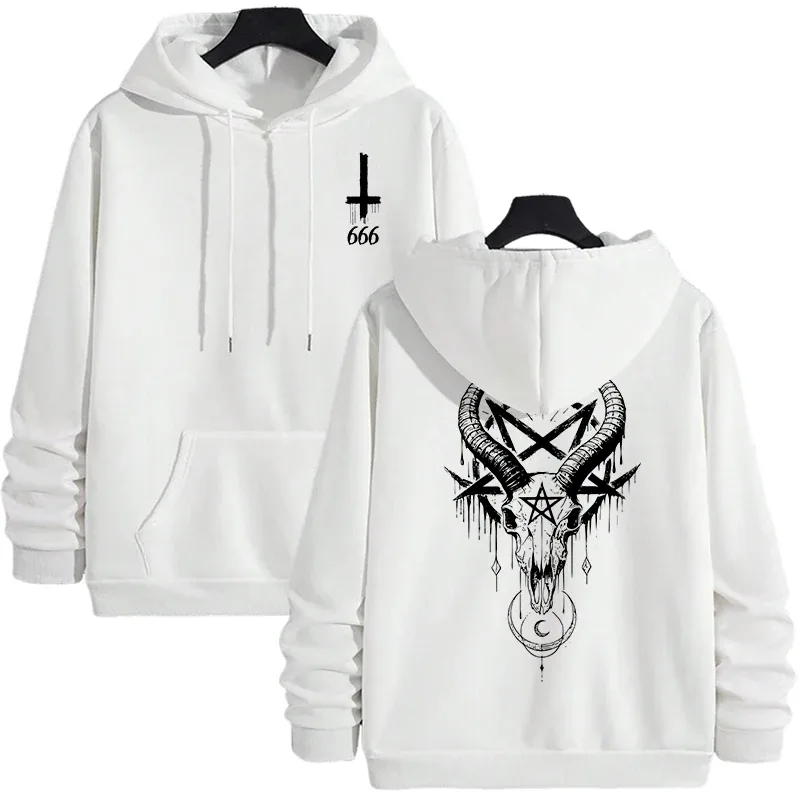Musim Gugur Musim Sejuk Lelaki Topi Pullover Kasual 666 & Salib Terbalik Hoodies Gothic Lelaki Bercetak Seram Setan Baju Jalanan — image 5