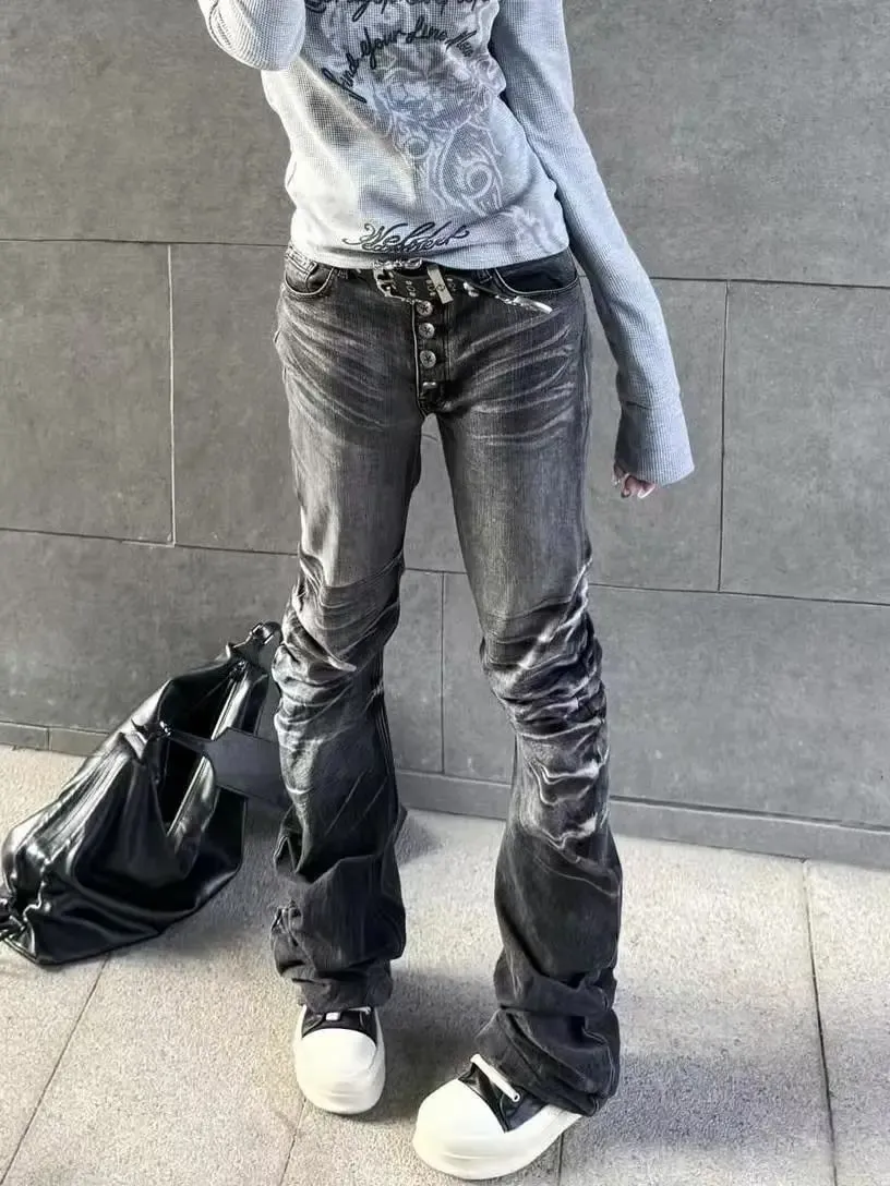 Női Amerikai Retro Y2K Flare Farmer Fehér Mosott Patchwork Y2K Vintage Hrajuku Punk Magas derekú Karcsú utcai viselet Farmer nadrág — image 6