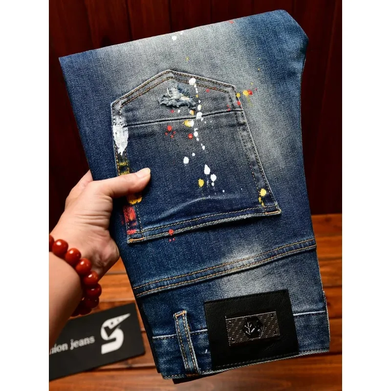 Paint Print Retro Jeans for Men Street Style Trendy Handsome Men's Clothing Distressed Slim Fit American Style Men's Pants