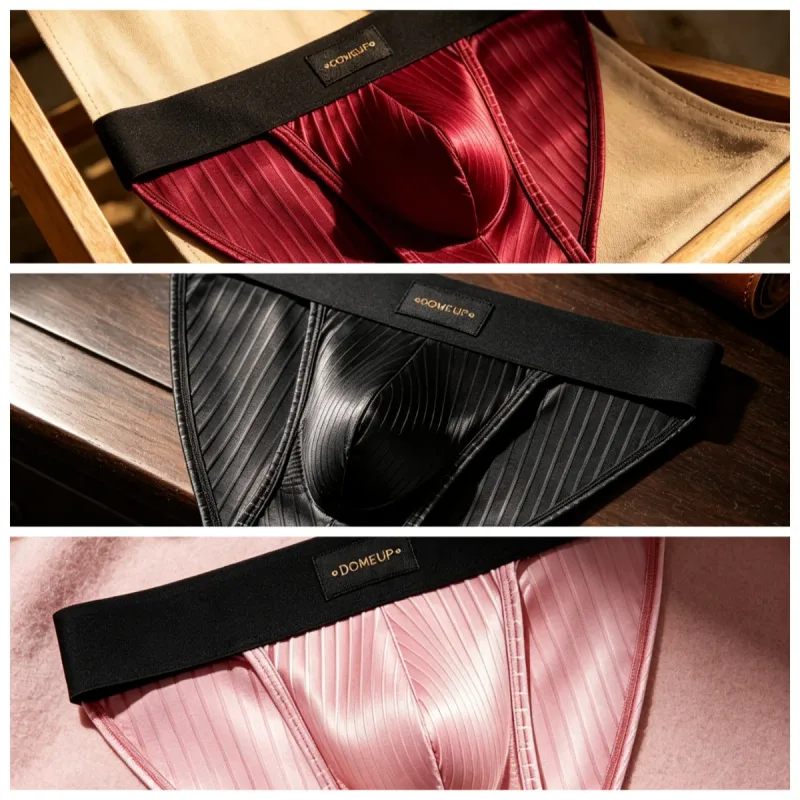 Men Underwear Shiny Striped Triangle Briefs Front Bulge Pouch Sexy Low Rise Slim Fit Daily Mens Underpants DP915