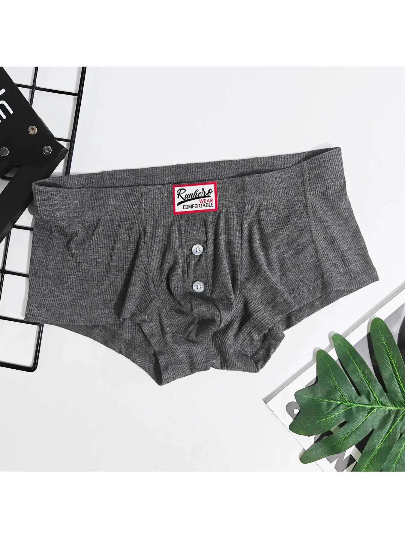 Men's Flat Underwear, Made of Synthetic Viscose, High Elasticity, Raised, Button Decoration, Comfortable Slim Fit Solid Color