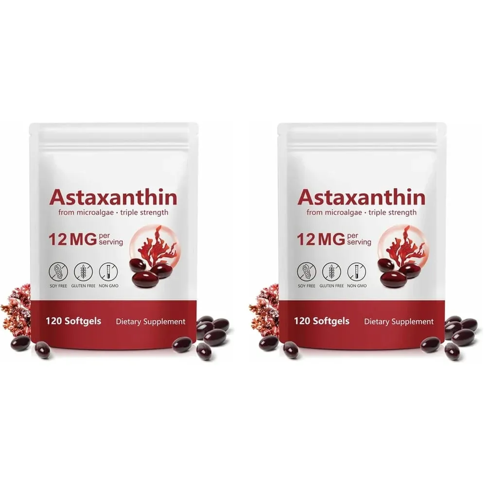 Astaxanthin 12mg Softgels תמיכה בנוגדי חמצון בעוצמה משולשת לעור מפרקי עיניים ובריאות החיסונית - אספקה ​​של 120 ספירות למשך 4 חודשים