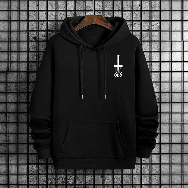 Musim Gugur Musim Sejuk Lelaki Topi Pullover Kasual 666 & Salib Terbalik Hoodies Gothic Lelaki Bercetak Seram Setan Baju Jalanan — image 14
