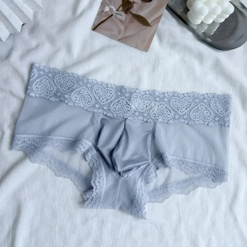 Men Ice Silk Lace Trim Thin Seamless Briefs Glossy 3D Pouch Lightweight Underwear Panties Comfortable Daily Lingerie — image 13