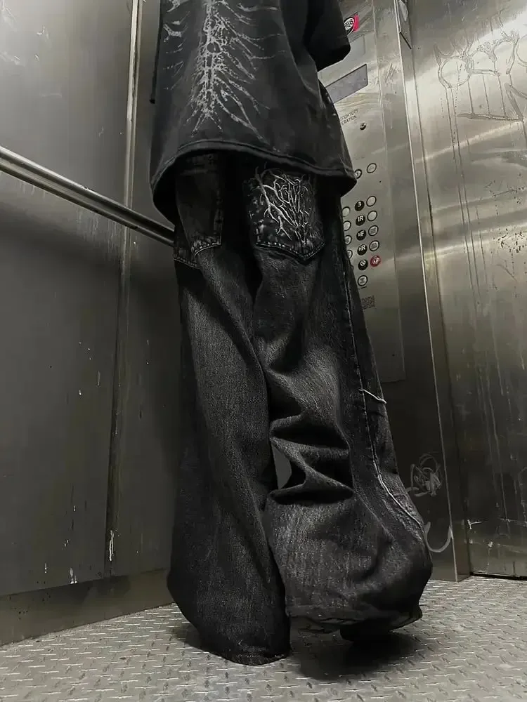 Vintage Y2K Baggy Jeans Splicing hímzés Mintás kiváló minőségű farmer Hip Hop Gothic Streetwear férfi női Alkalmi széles szárú farmer