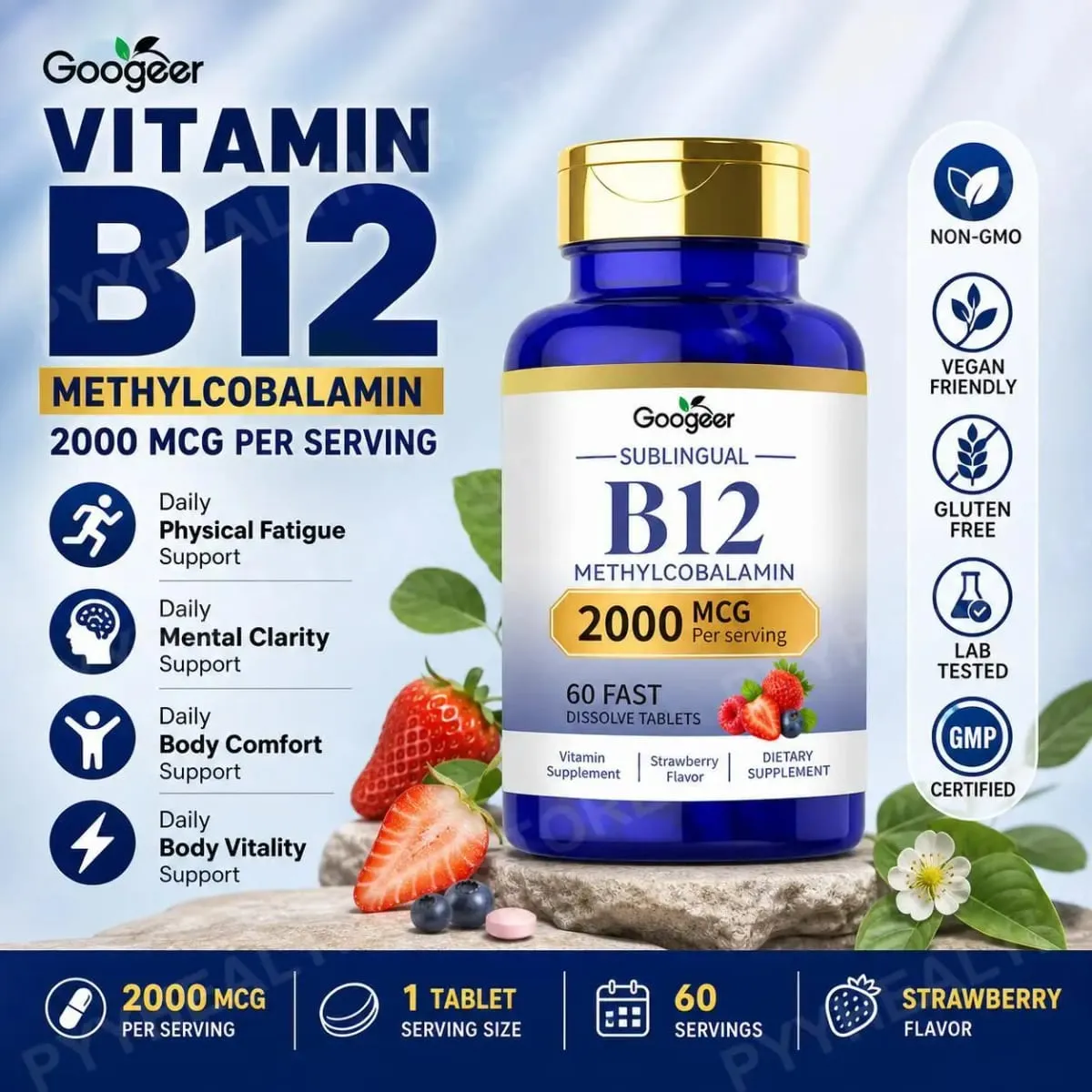 Googeer B12 Methylcobalamin Sublingual Fast Dissolve Tablets with Strawberry Flavor for Daily Body Comfort Support 60 Tablets