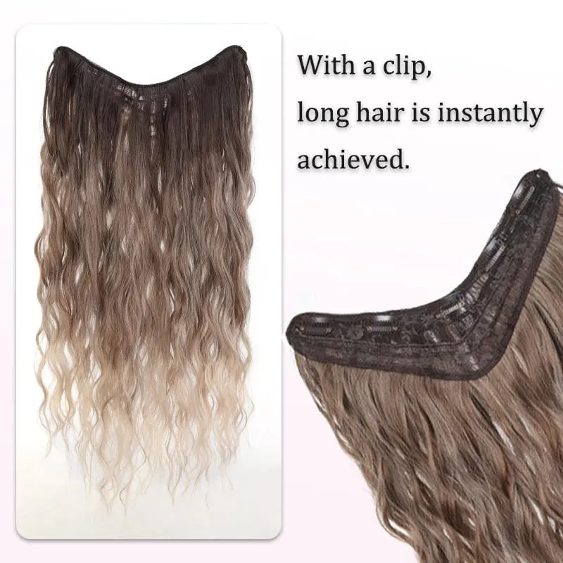 V Shape One Piece Ombre Water Wave Clip In Hair Extensions Synthetic Curly Hairpiece for Women — image 4