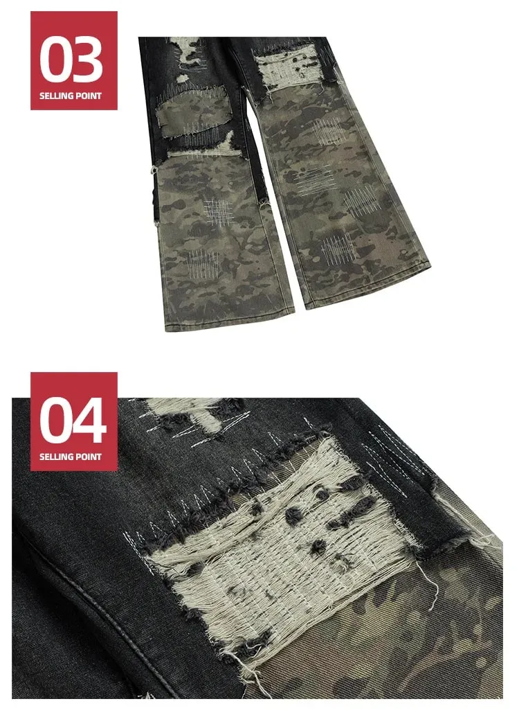 Farmer Férfi és női terepszínű patchwork mosott lyuk kivitelű farmer 2025ss — image 6
