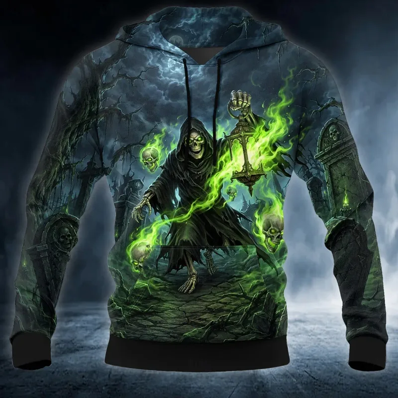 Sudadera con capucha con estampado 3D de Halloween Grim Reaper para hombre, sudadera con estampado gótico de Skull Raven, ropa de calle de manga larga para hombre — image 5