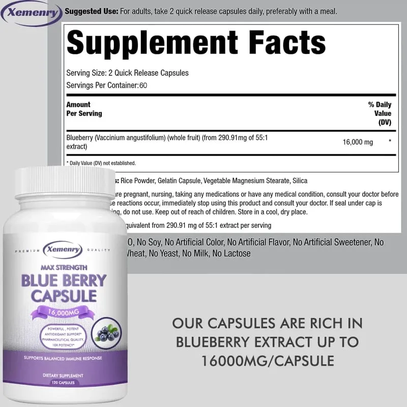 Blueberry Extract Supplement 16000mg 120 Capsules - Non-GMO