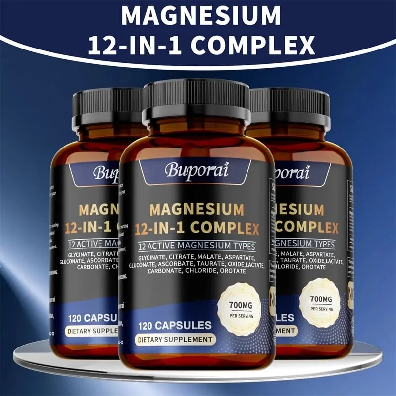 Complex Capsules Magnesium - Συμπλήρωμα για την υγεία των οστών και της καρδιάς Υποστήριξη ύπνου Μυϊκή χαλάρωση Ανακούφιση από στρες και άγχος