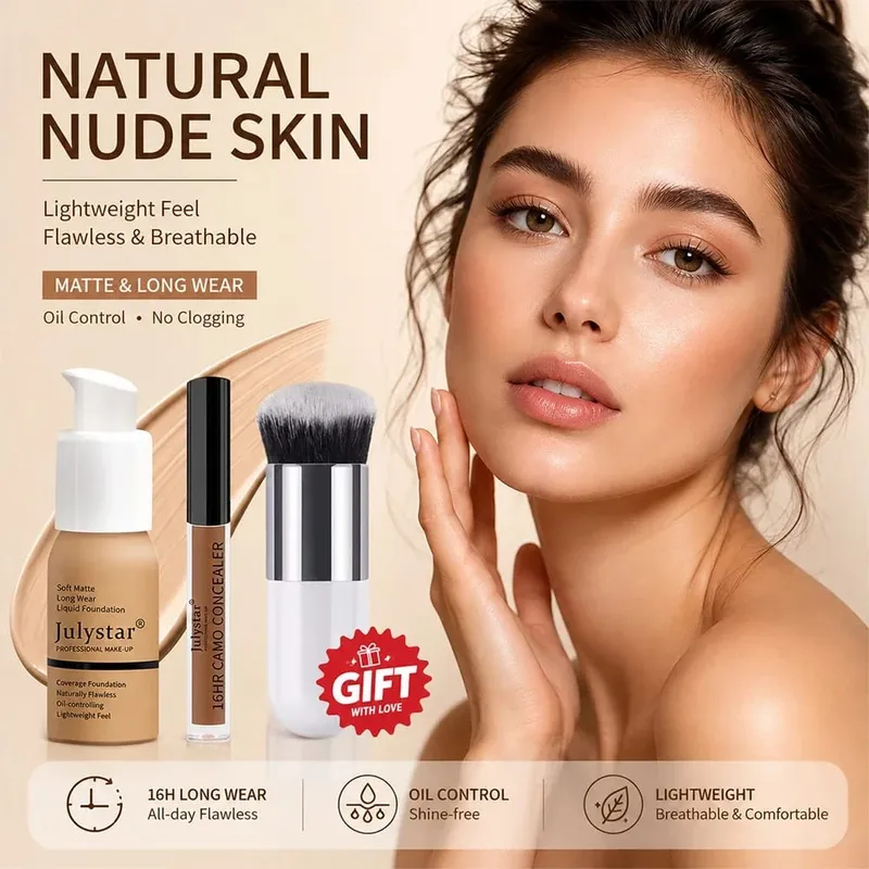 3‑Pc Base Makeup Kit Foundation&Concealer Free Brush. Matte 16H Oil‑Control Lightweight Full-Coverage para sa Natural na Pang-araw-araw na Mukha