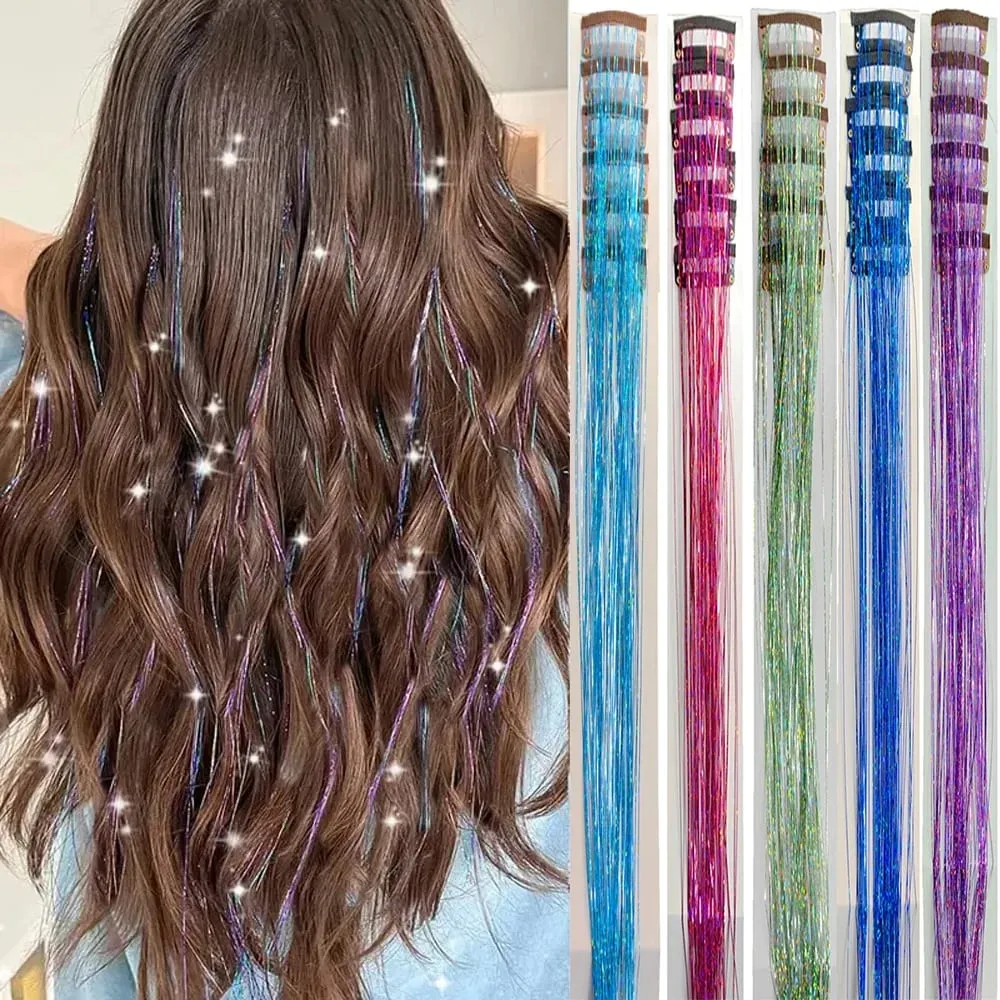 Επεκτάσεις μαλλιών 20 ιντσών Glitter Tinsel με κλιπ σε 6 τμχ/Σετ συνθετικό κλιπ σε Sparkle Fairy Hair Αξεσουάρ για Γυναικεία Παιδιά