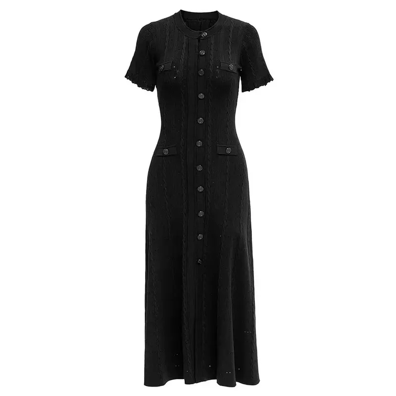 Vintage Cable Knit Midi φόρεμα με κουμπί μπροστά με βολάν με κοντό μανίκι σχέδιο τσέπης Κομψό πάρτι casual πλεκτό φόρεμα