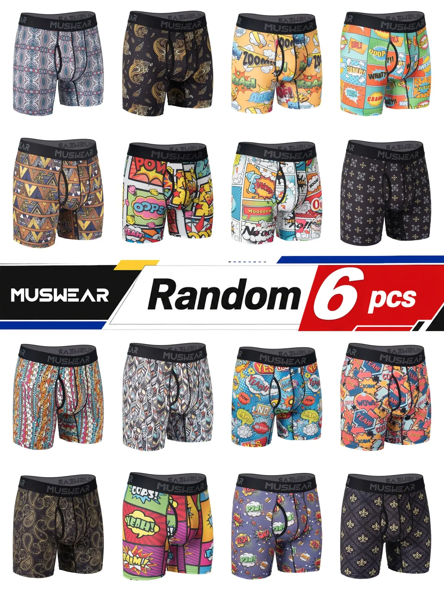 6pcs Men's Boxer Briefs Side Opening Double-Sided Brushed High Elasticity Quick-Drying All-over Print Underwear