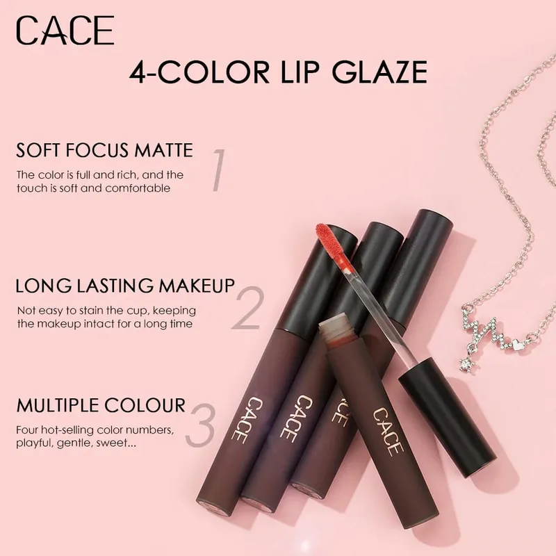 4 Pcs Liquid Lipstick Makeup Sets Matte Red Tint Lipgloss Long Lasting Waterproof Lip Stain Cosmetics With Necklace Gift