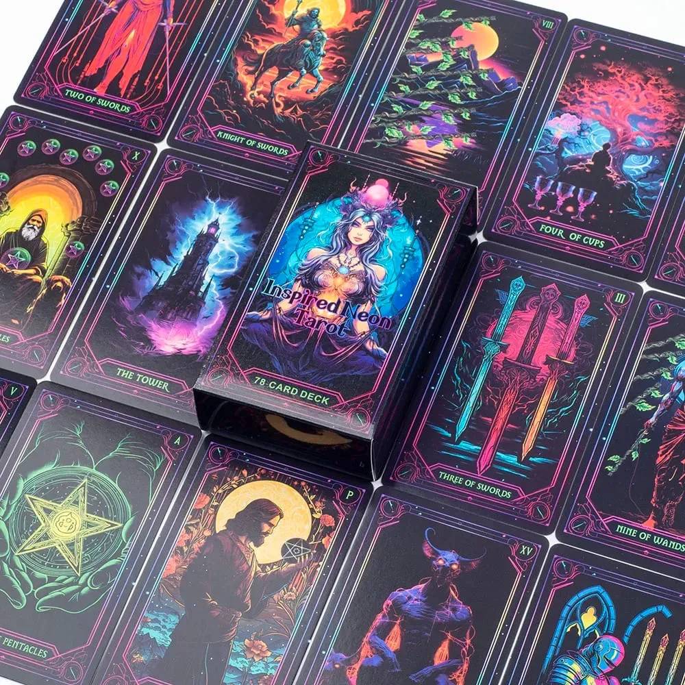 Dek Tarot Neon Terinspirasi 78 Kartu Edisi Ramalan Visi Bahasa Inggris Papan 10.3X6Cm untuk Bermain Game dan Ramalan
