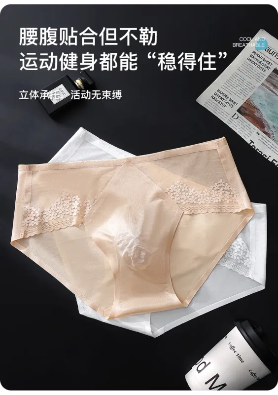 Large Size Men Sexy Panties Silky Satin Bugle Pouch Underwear Lace See Through Brief High Elastic Soft Underpant Bikini Lingerie — image 16