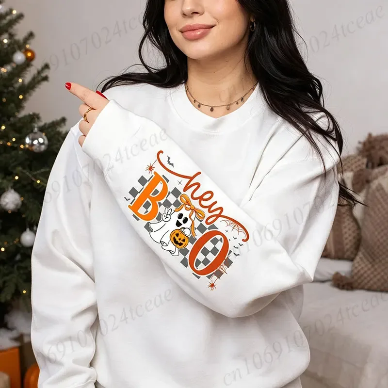 Sweat-shirt unisexe Halloween Hey Boo, mignon nœud fantôme citrouille graphique col rond manches longues décontracté automne pull en coton 330gsm