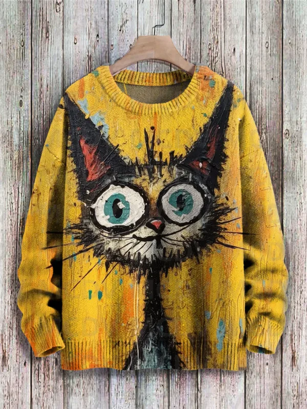 Niedlicher schwarzer Katzen-Blumen-Vögel-Kunstmuster-Druck, lässiger Strickpullover, klassischer Pullover für Herren und Damen