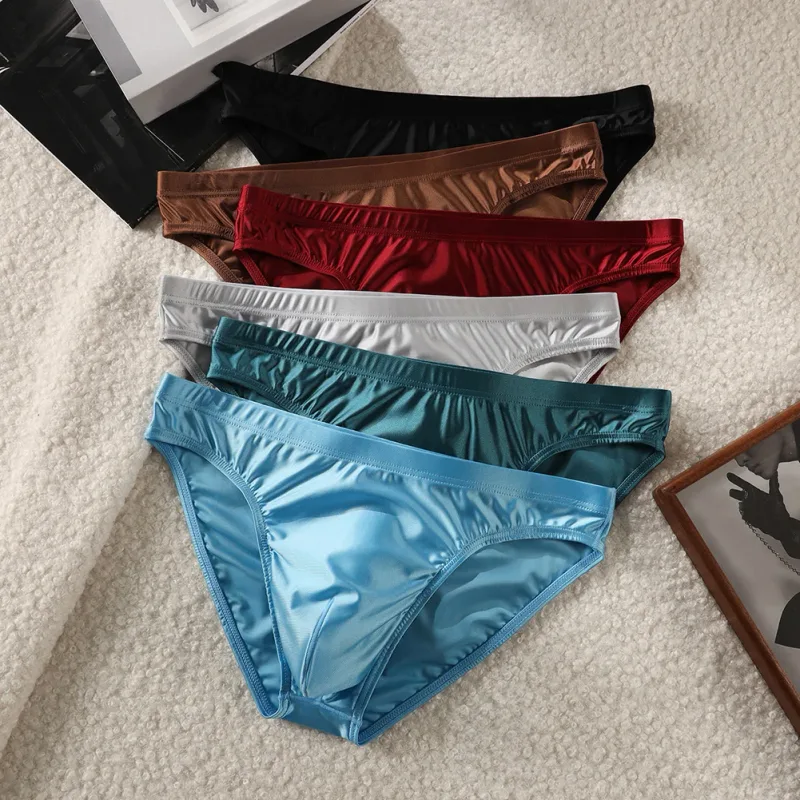 Luxury Brown Satin Men's Bikini Briefs High Elastic Waistband Smooth Shiny Underpants With 3D Contour Pouch Breathable Intimates