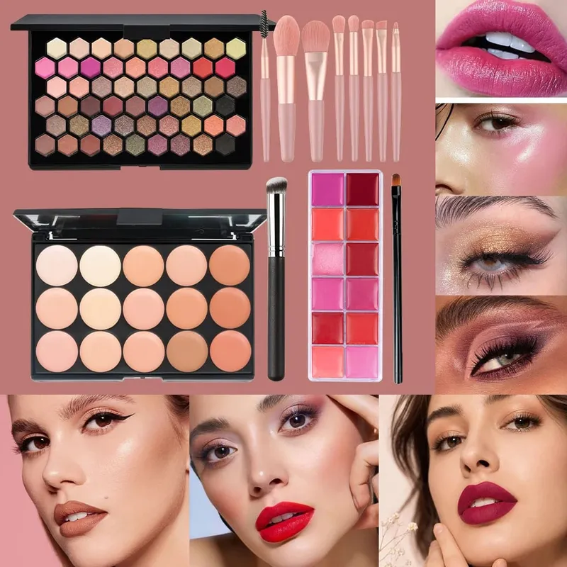 6 Buah Kit Rias 54 Warna Palet Eyeshadow 15 Warna Palet Concealer 12 Warna Lip Gloss dengan 9 Buah Kuas Kuas Bibir Set Lengkap