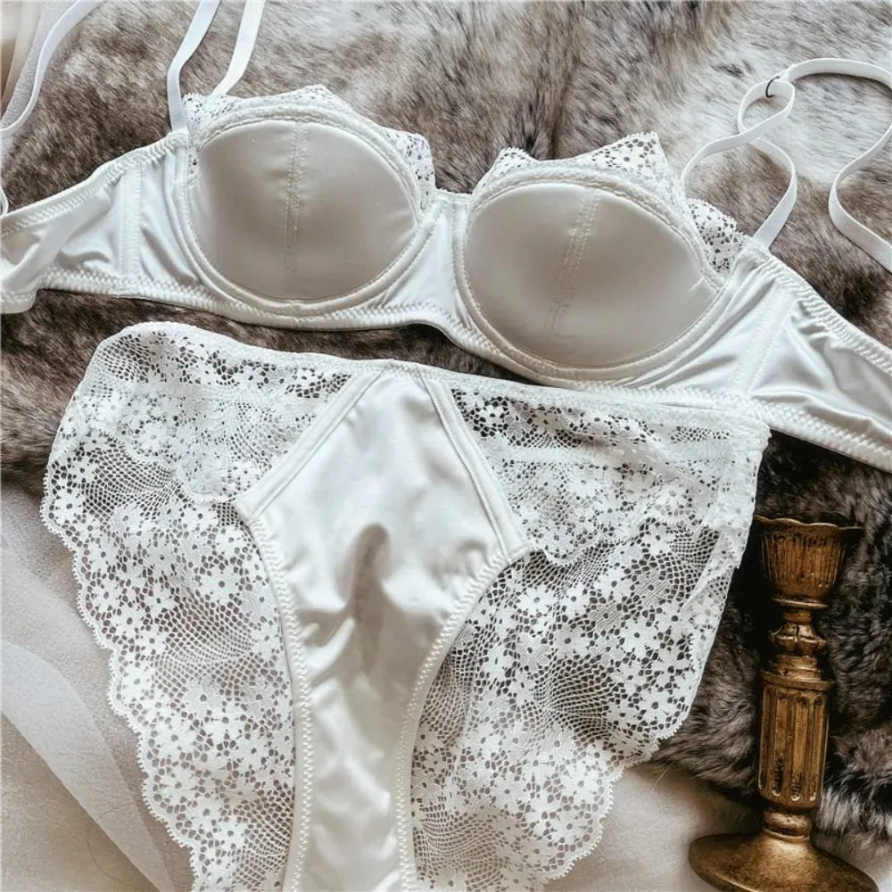 Women Half Cup Lace Bra Set Thin Underwire Sexy Minimizer Bra Anti-Sag Side Support Itago ang Kili-kili Fat Ladies Lingerie Set 2‑38