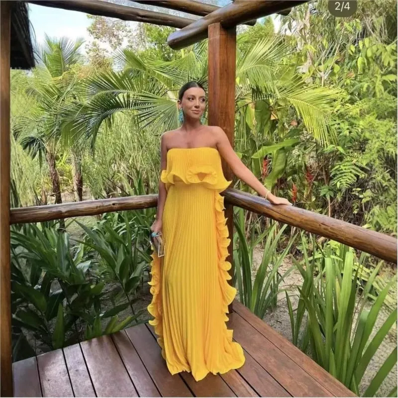 Trendy Women Summer Holiday Dress Orange Pleated Chiffon Long Formal Dresses Custom Made Ruffled Strapless Beach Party Dress — image 4