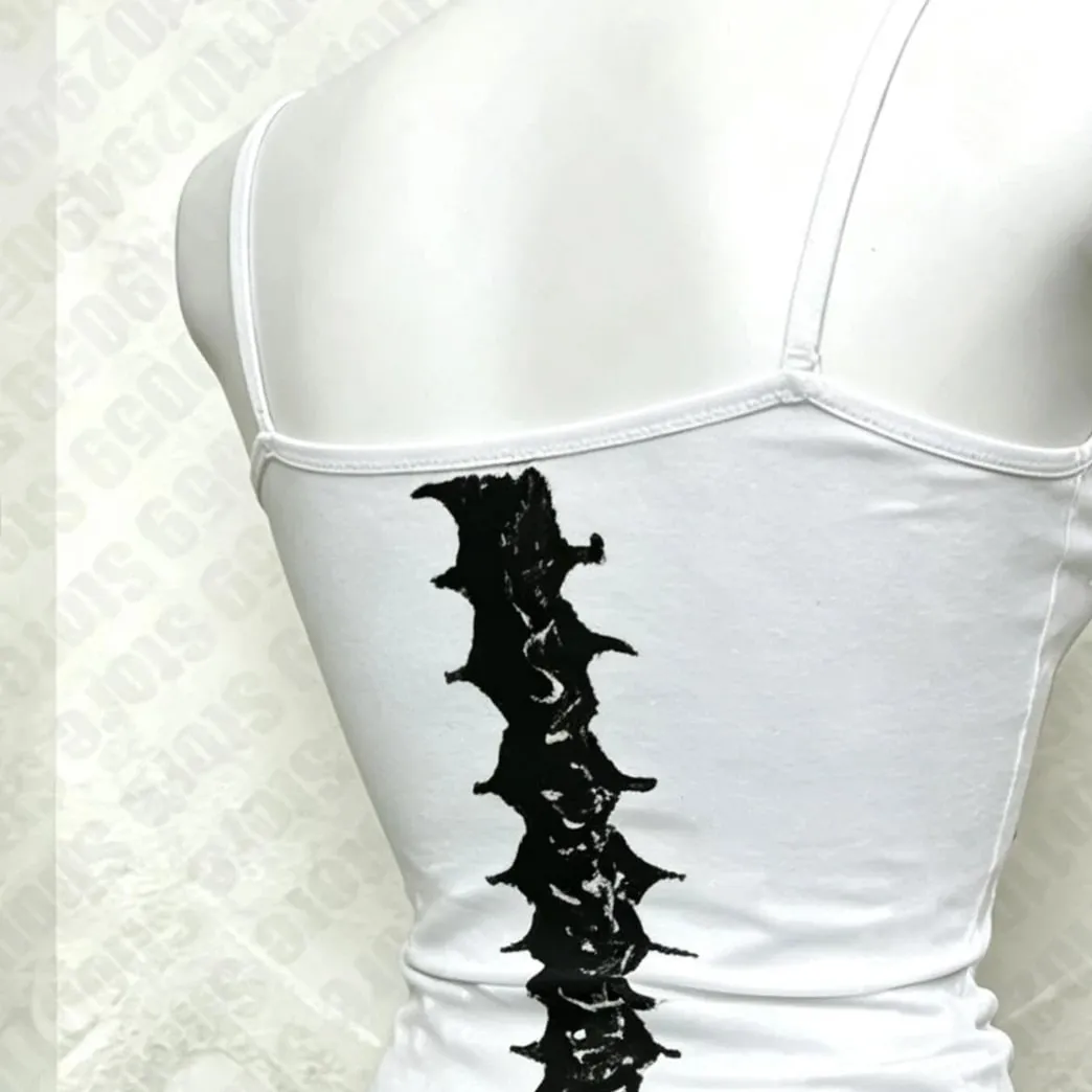Y2K Gothic Alt ujjatlan Crop felső Vintage grunge csontváz elöl, hátul, grafikus karcsú női csontváz bordás gerincű Cami felsők — image 6