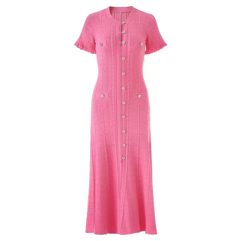 Vintage Cable Knit Midi φόρεμα με κουμπί μπροστά με βολάν με κοντό μανίκι σχέδιο τσέπης Κομψό πάρτι casual πλεκτό φόρεμα