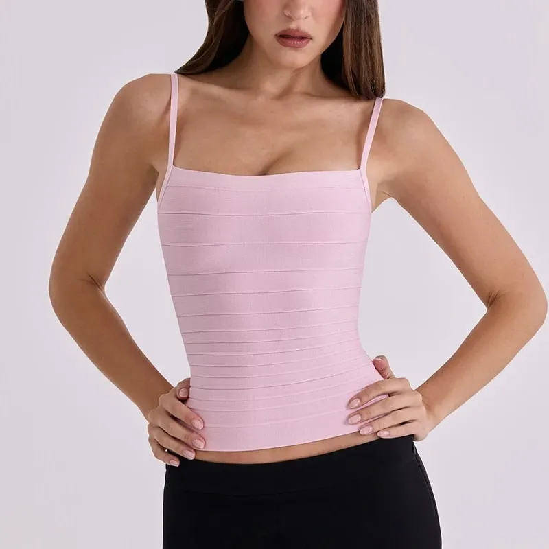 נשים קיץ צבע אחיד תחבושת קמיצה Slim Fit צווארון מרובע רצועת ספגטי רצועת קמי סריג צלעות — image 4