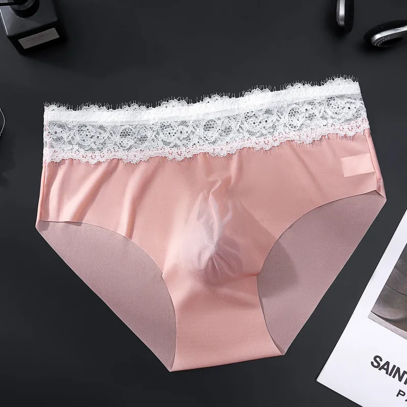 Pantaloni a triangolo da uomo in seta ghiacciata con bordo in pizzo, biancheria intima da uomo sottile traspirante senza tracce, slip maschili morbidi e confortevoli a vita bassa — image 17