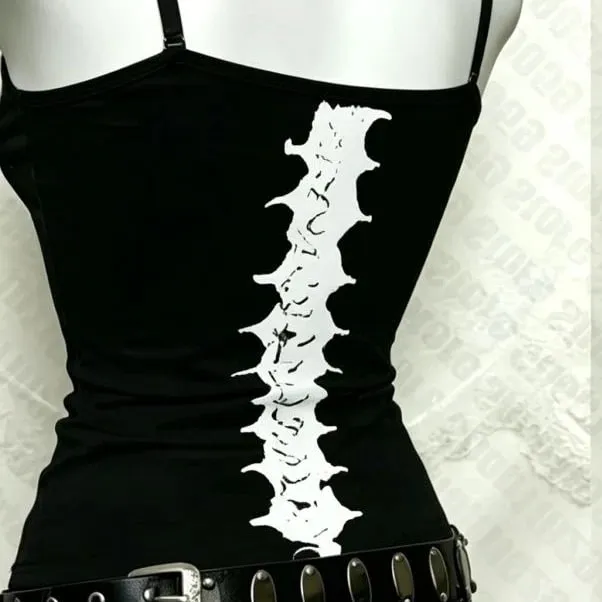 Y2K Gothic Alt ujjatlan Crop felső Vintage grunge csontváz elöl, hátul, grafikus karcsú női csontváz bordás gerincű Cami felsők — image 3