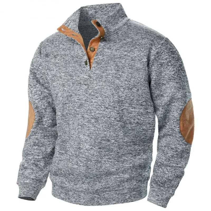 Sweter Musim Gugur Pria Hoodie Warna Kontras Perca Kerah Berdiri Pulover Vintage Botton Down Pria — image 11
