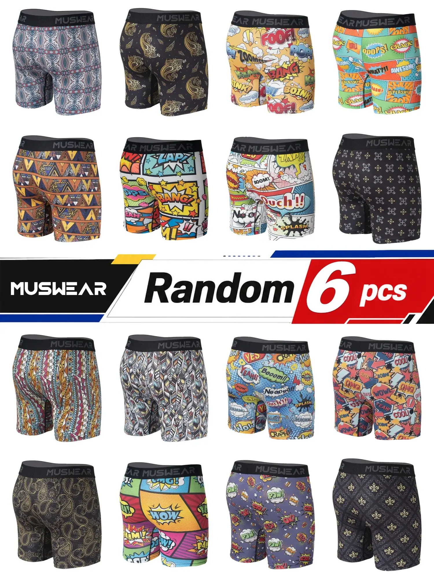 6pcs Men's Boxer Briefs Side Opening Double-Sided Brushed High Elasticity Quick-Drying All-over Print Underwear