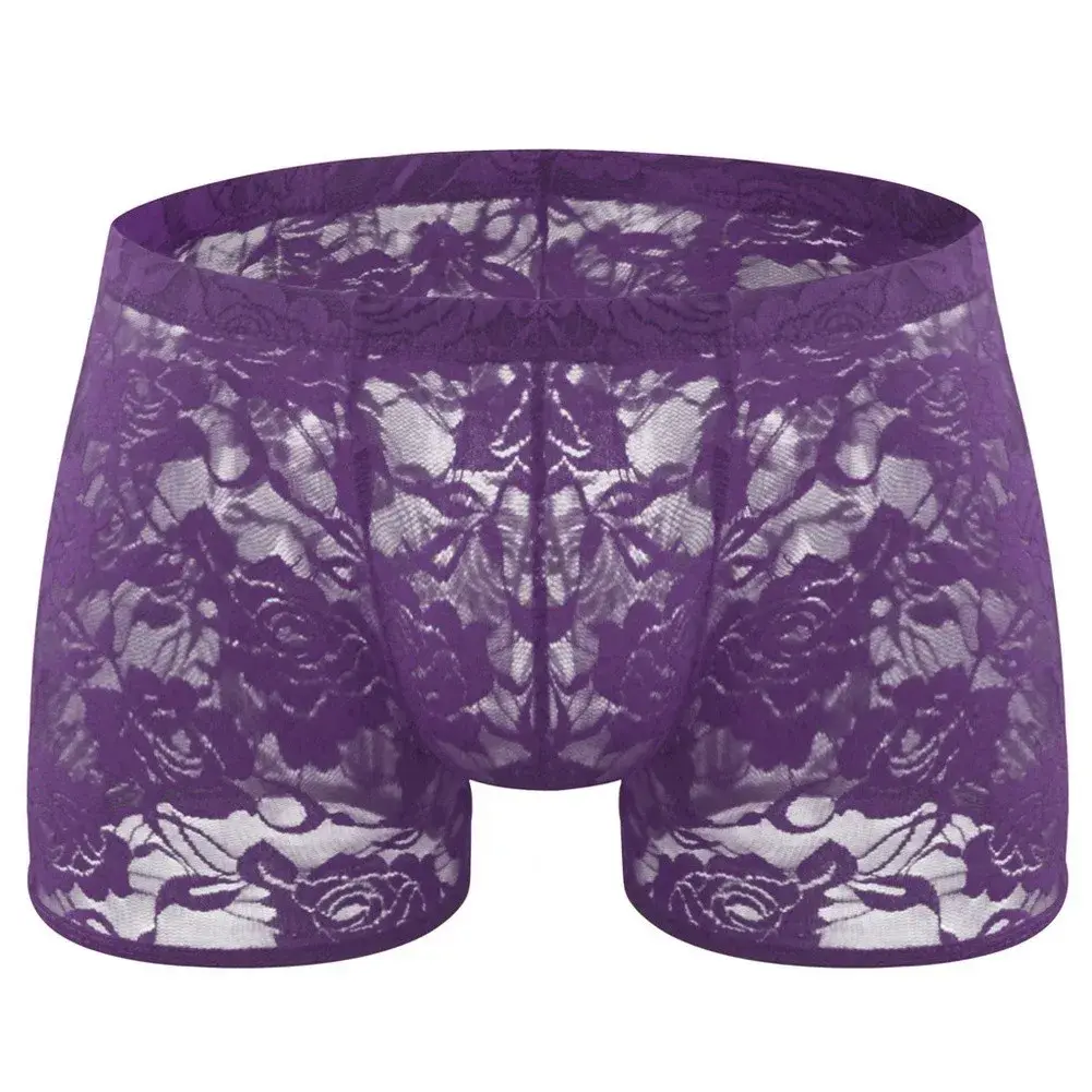 Men See Through Lace Boxer Shorts Bulge Pouch Low Waist Underwear Solid Panties Elastic Waist Breathable Transparent Underwear — image 5