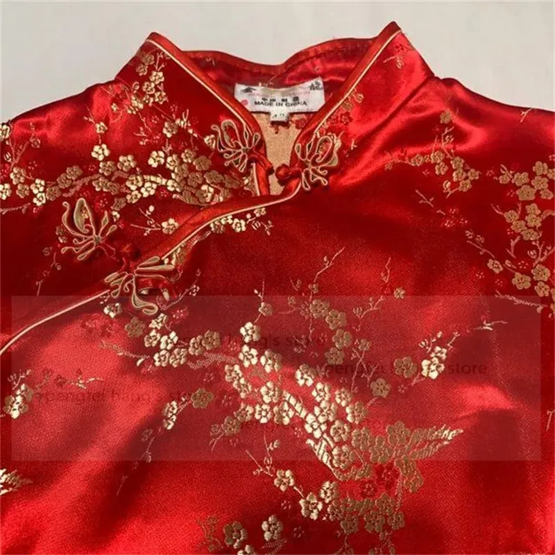 נשים בסגנון סיני דרקון Phenix Qipao קלאסי אדום סאטן Cheongsam בתוספת גודל שמלת מיני שרוול קצר Vestidos 3XL 4XL 5XL 6XL
