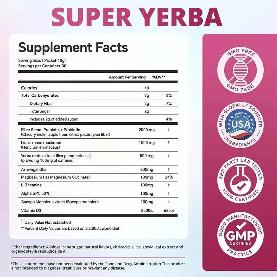 Super Yerba Instant Drink Powder 30 πακέτα με προβιοτική βιταμίνη Ashwagandha Προωθεί την υγεία του εντέρου Πέψη Ανοσία — image 3
