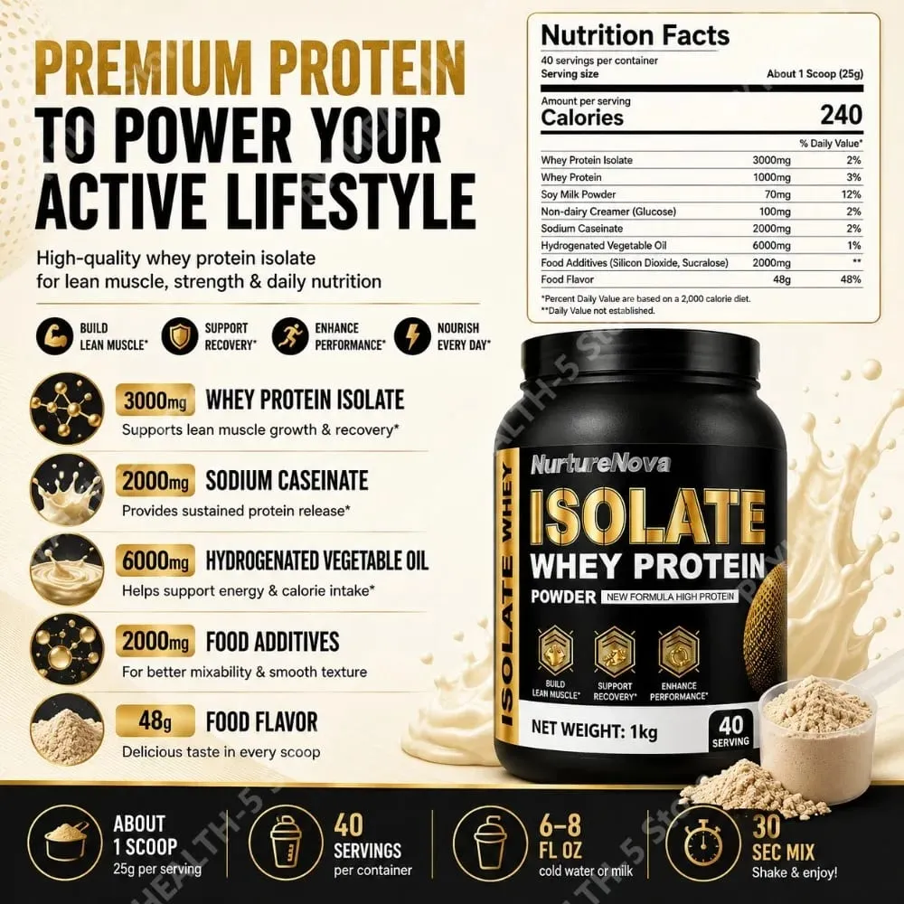 Isolate Whey Protein Powder 1kg Sports Nutrition Shake Γρήγορη ανάμειξη Daily Fitness Nutrition 40 μερίδες Βανίλια — image 4