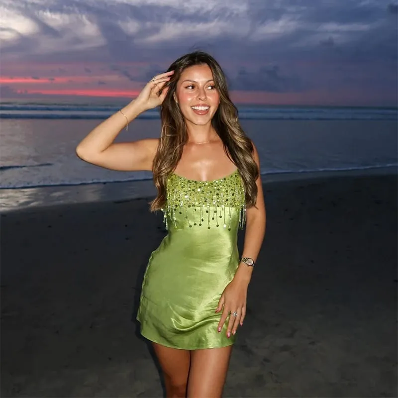 Sequin Tassel Beach Μίνι Φόρεμα Γυναικείο Σατέν Σπαγγέτι λουράκια τετράγωνο λαιμό Party Clubs Κοντή φούστα 2026 ΝΕΑ Φορέματα καλοκαιρινών διακοπών