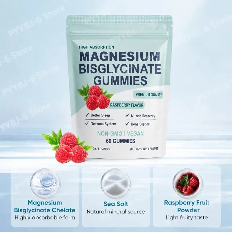 Bisglycinate Magnesium Gummies Chelated Magnesium Daily Mineral Support Vegan Raspberry Flavor Non-GMO Free Gluten 60 Count