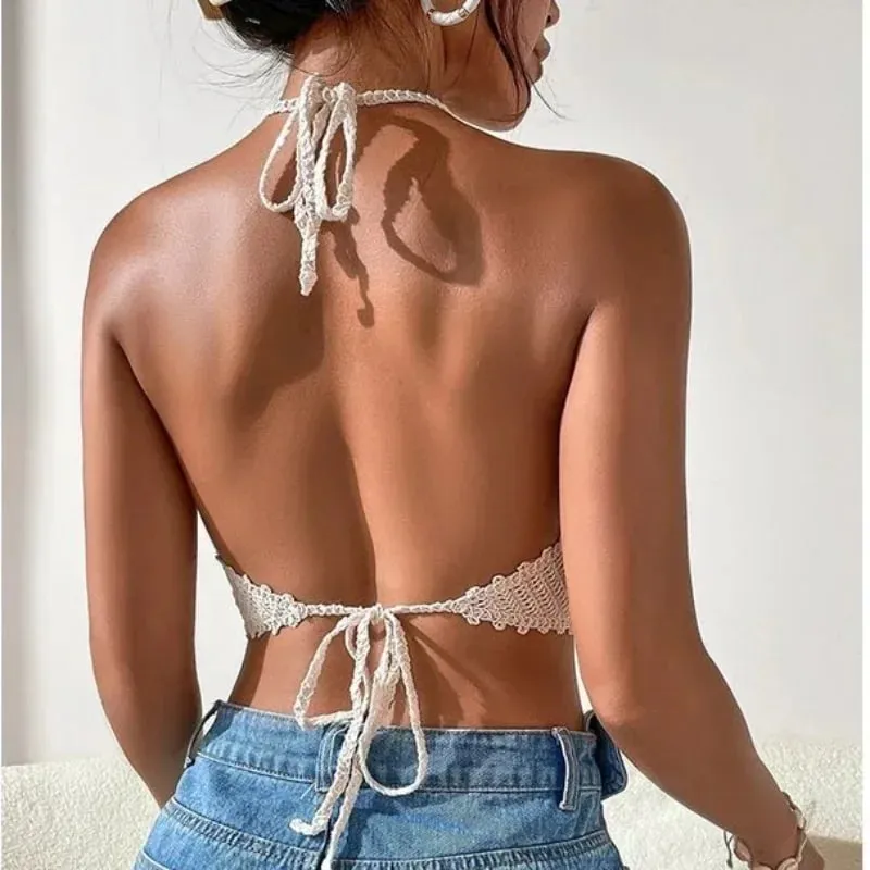 Crop Tops Ρετρό Wild Hollow με προοπτική φούντα Σέξι σπαγγέτι λουράκι Tanke Top Γυναικεία ενσωματωμένα σουτιέν Νέα πλάτη δαντέλα λαιμόκοψη