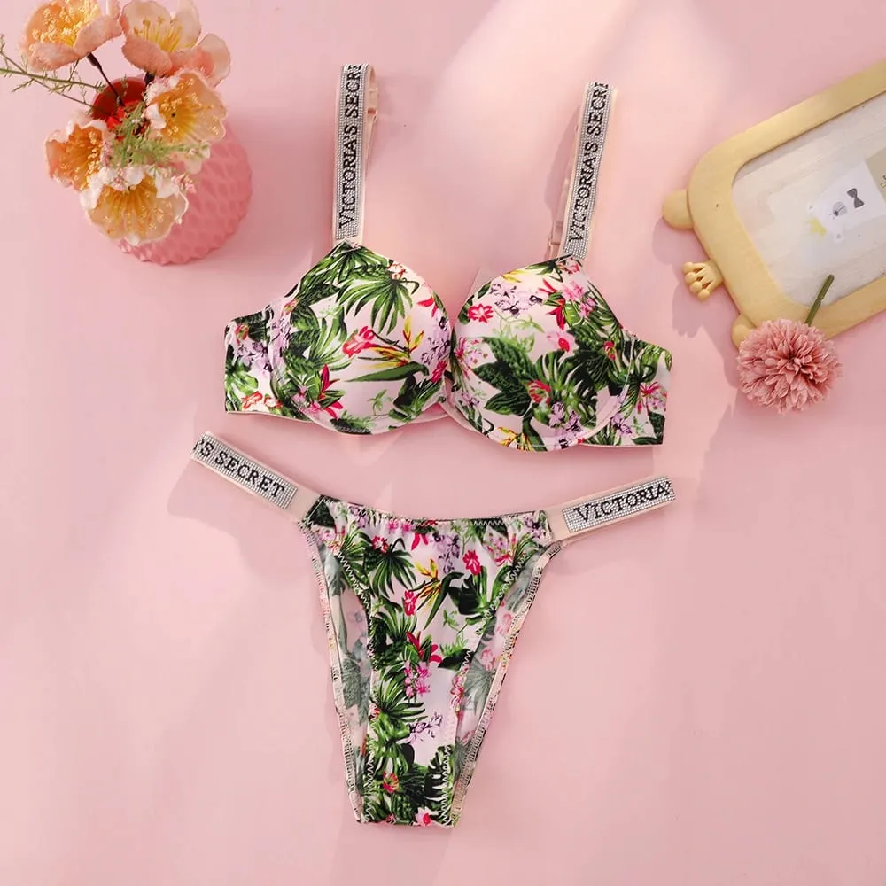 VS Very Sexy Logo Shine Strap Tropical Floral Push Up Bra Shine Script Thong Panty Victoria Secret Sexy Lingerie Set — image 8