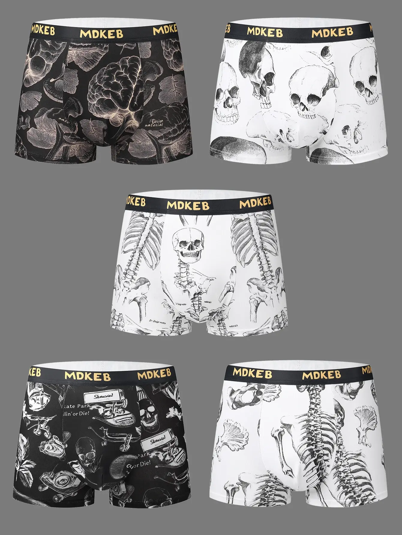 5-Pack Men's Mixed Hair Boxer Briefs with Popular Skull Print Mid-Waist Thin High Elastic Comfortable Men's Boxer Shorts — image 3