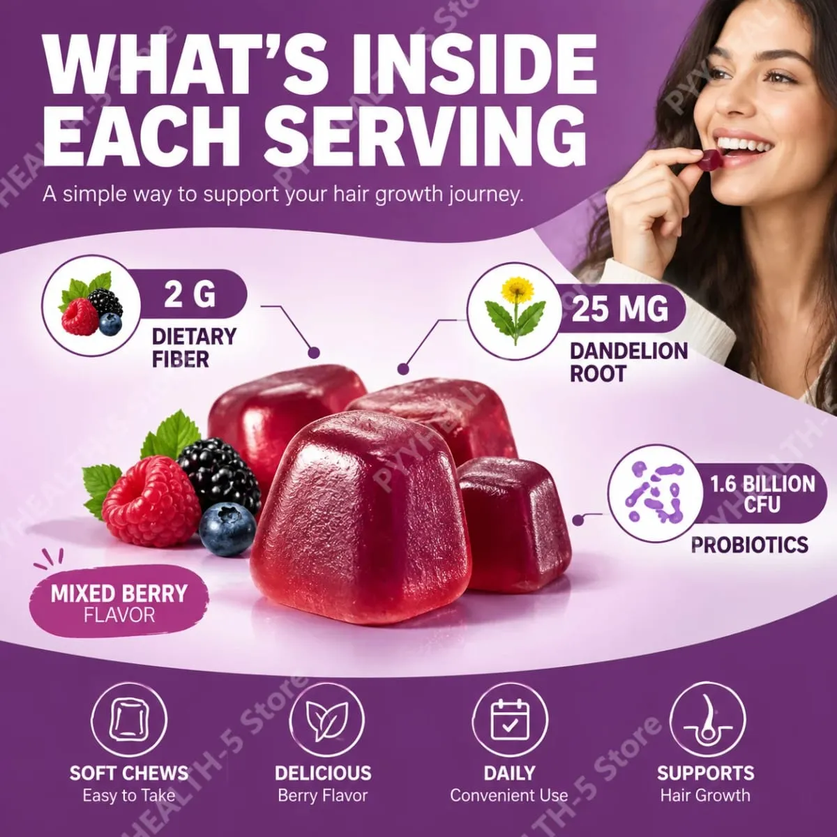 Συμπλήρωμα Biotin Hair Growth Soft Chews Support Fuller Thicker Hair Vitamin C & E for Healthy Hair Nourishment 60 Gummy — image 2