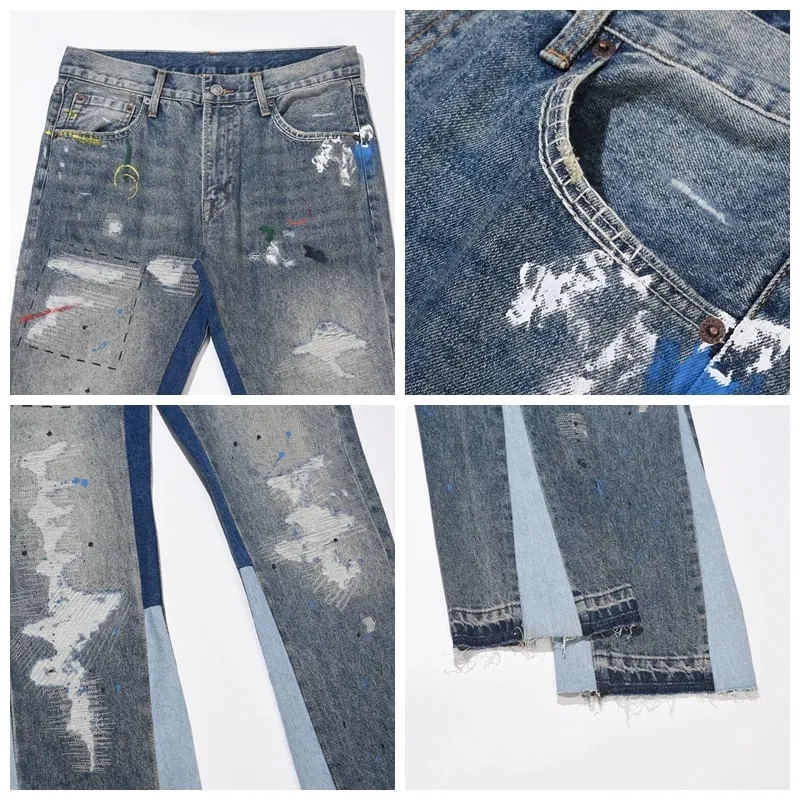 Blue Speckle Ink Washed Flared Jeans Slim Fit Hip Hop Graffiti Ripped Denim Παντελόνι Ανδρικό Streetwear Vintage Φαρδύ τζιν παντελόνι Y2k