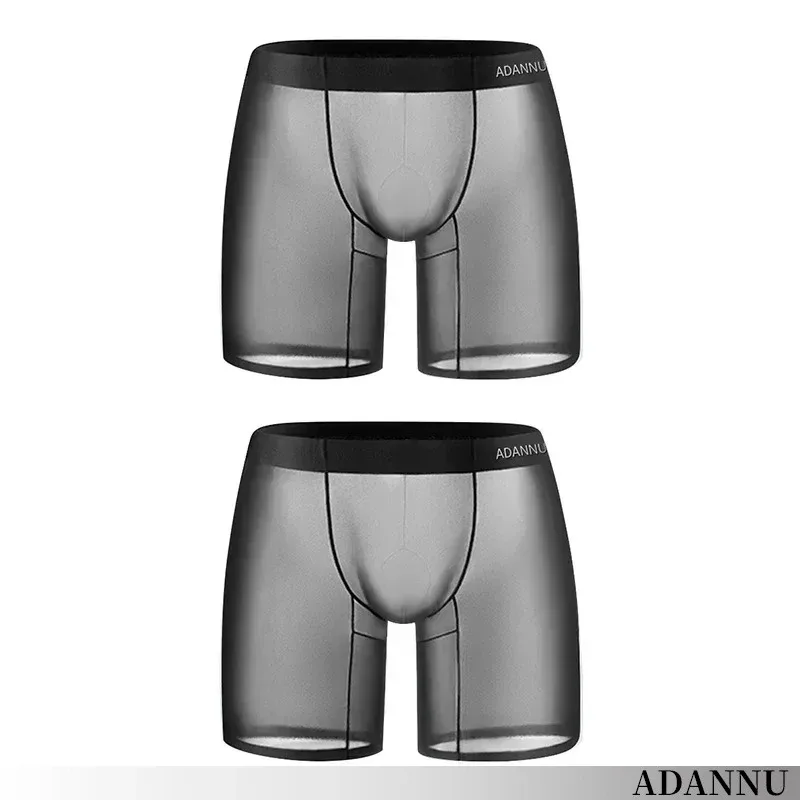 0.01mm Ultra-thin Men Underwear Long Boxer Shorts Cooling Ice Silk Transparent Gym Fitness Underpants Seamless Mesh Slips
