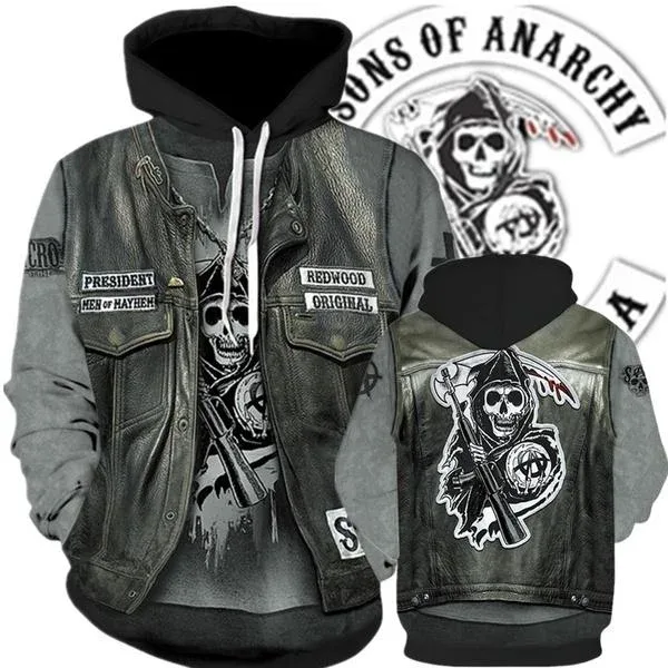 Ανδρικό Street Style 3D Φούτερ Sons of Anarchy Φούτερ Φούτερ φθινοπώρου/χειμώνα Unisex Loose casual αθλητικές φόρμες εξωτερικού χώρου Y2k πουλόβερ