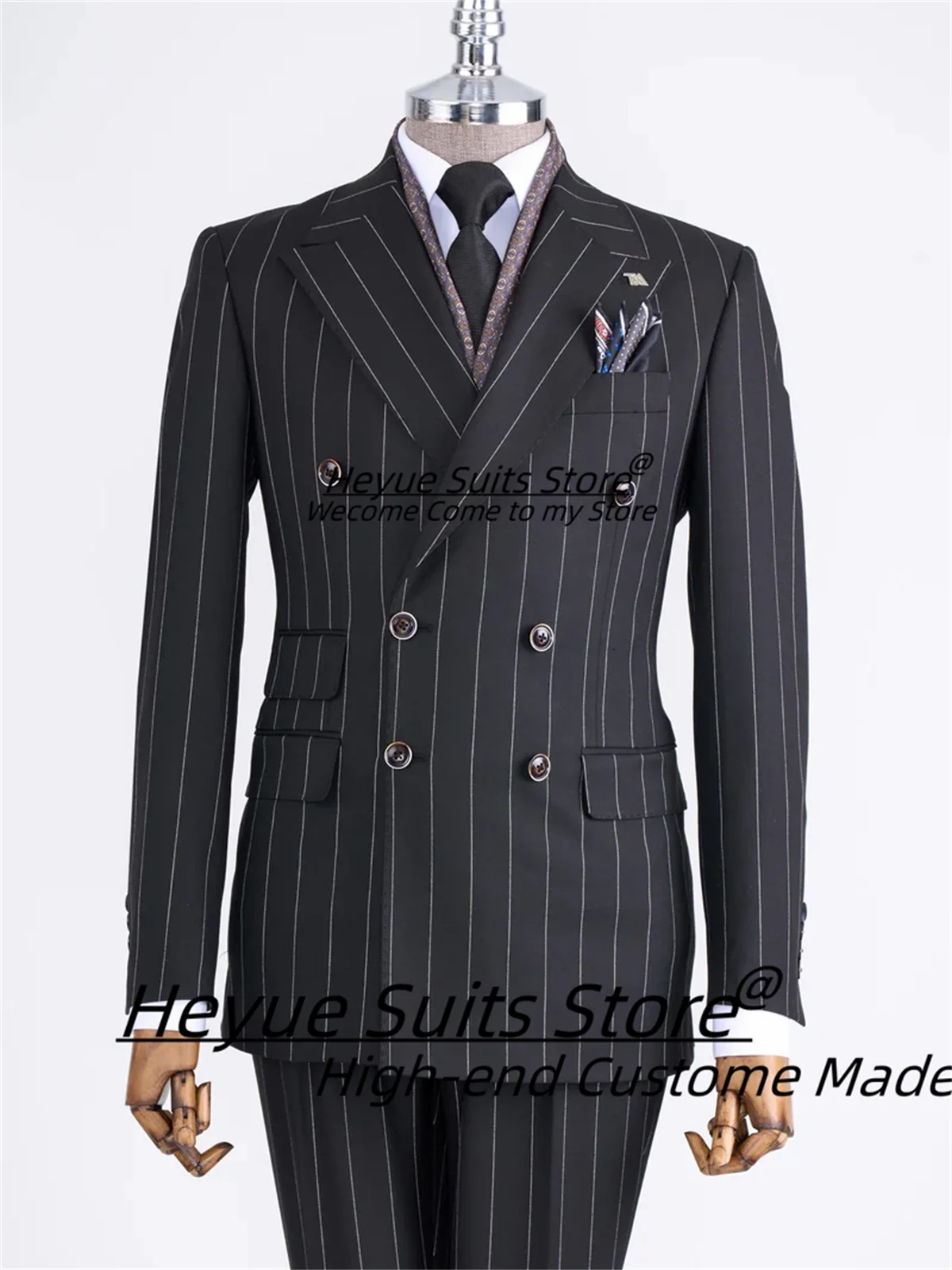 Handsome French style Stripe Men Suits Slim Fit Double Breasted Groom Tuxedos 2 Pieces Sets Classic Male Blazers Ropa Hombre