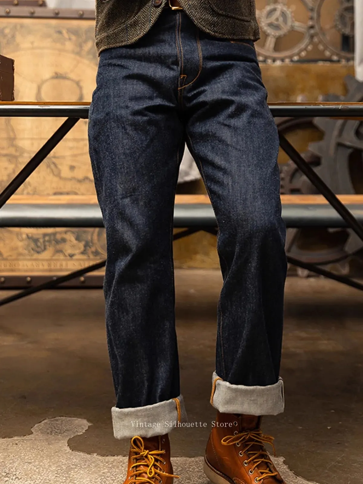 Κόκκινο τζιν Tornado 350 Selvedge με σχέδια με ραφές τσέπης Πόρπη πίσω 14oz Ακατέργαστο τζιν παντελόνι — image 4